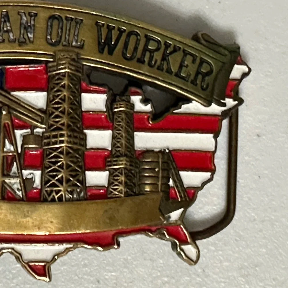 Baron American Oil Worker Belt Buckle Solid Brass Vintage '81 Americana USA Flag